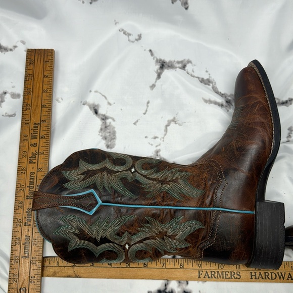 Ariat Tombstone Leather Roper Boots Midi Calf Wide Square Toe Brown Turquoise 9B - Picture 16 of 16